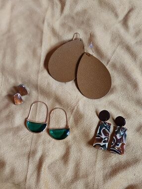 Mixed Earring Lot - Tan Leather Teardrops & Green Accent Hoops, Autumn Vibes